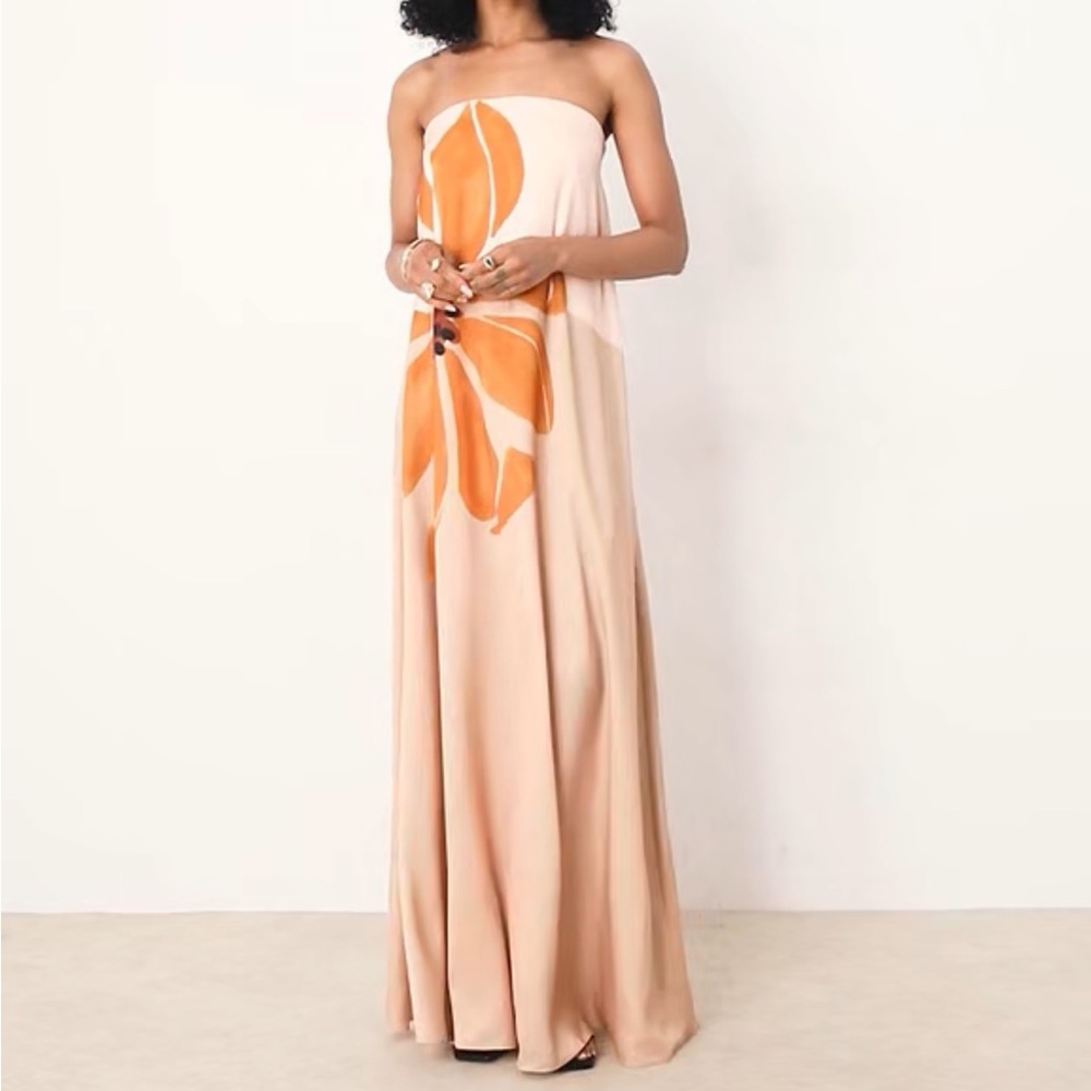 ASOS DESIGN Tall bandeau trapeze satin maxi dress in yellow floral print